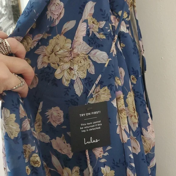 NWT Lulus Soiree Celebration Floral Ruffled Lace-Up Maxi Dress Size Lg Blue - Picture 6 of 14